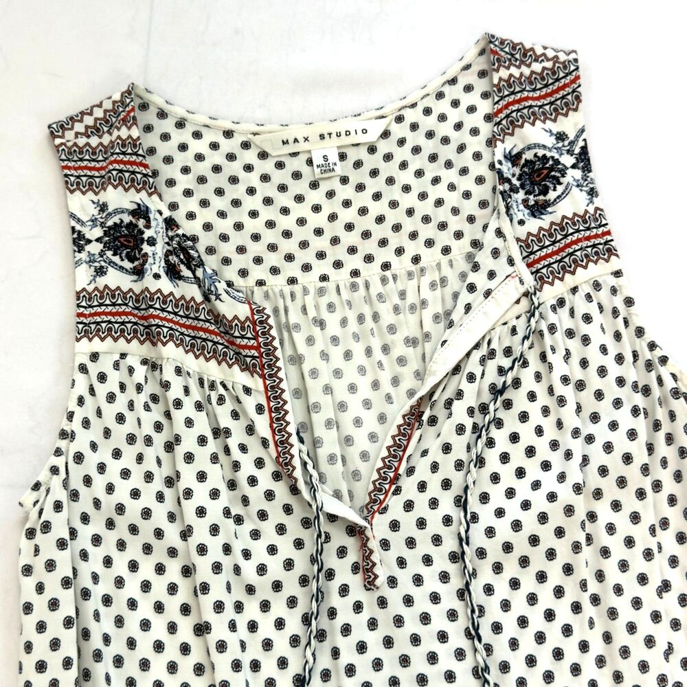 Max Studio Women's Cream Geometric Border Print Tassel Cami Top Size Small